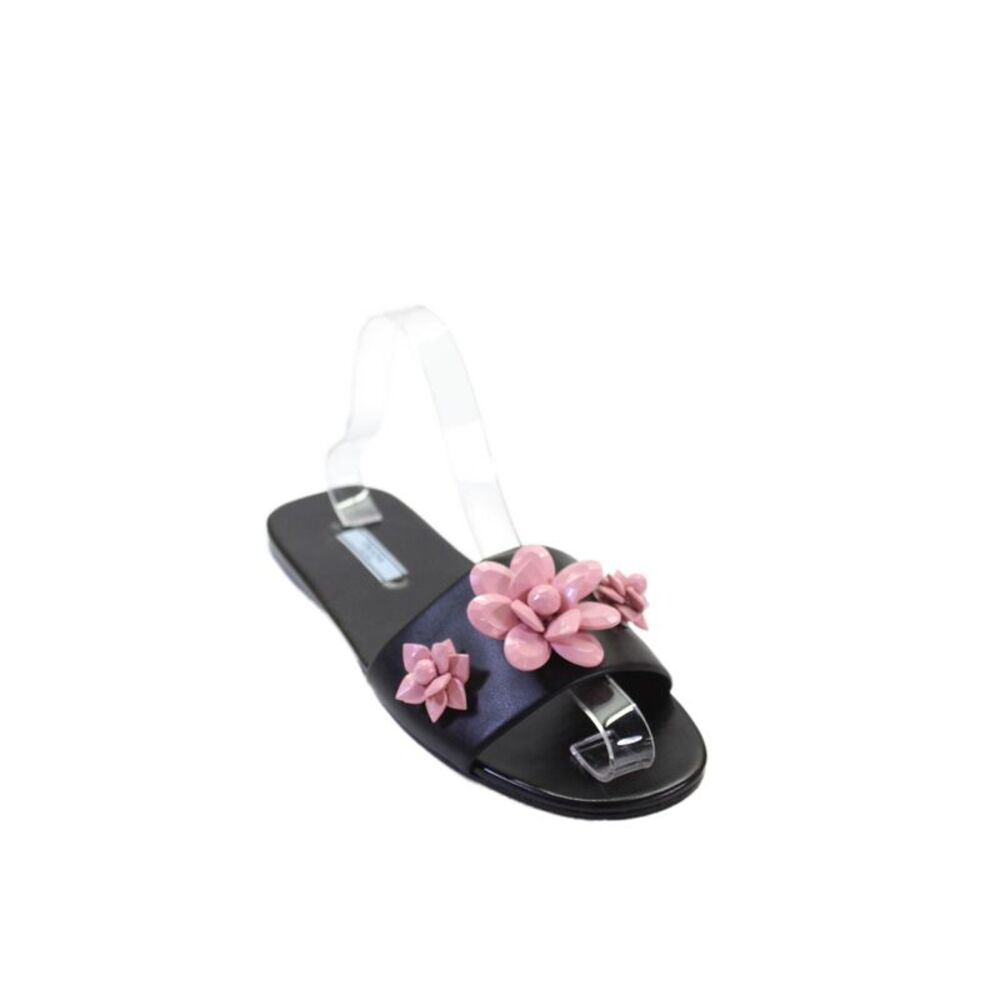 Prada Womens Leather Floral Applique Slide On Sandals Black Pink Size 39.5 9.5